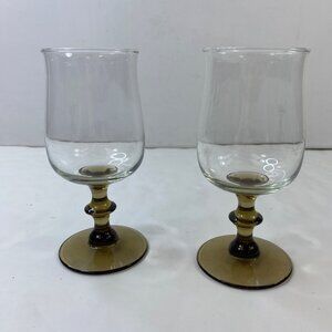 Libbey Mid Century Tulip Brown Stemmed Glasses Goblets Water Wine Set 2 Vintage